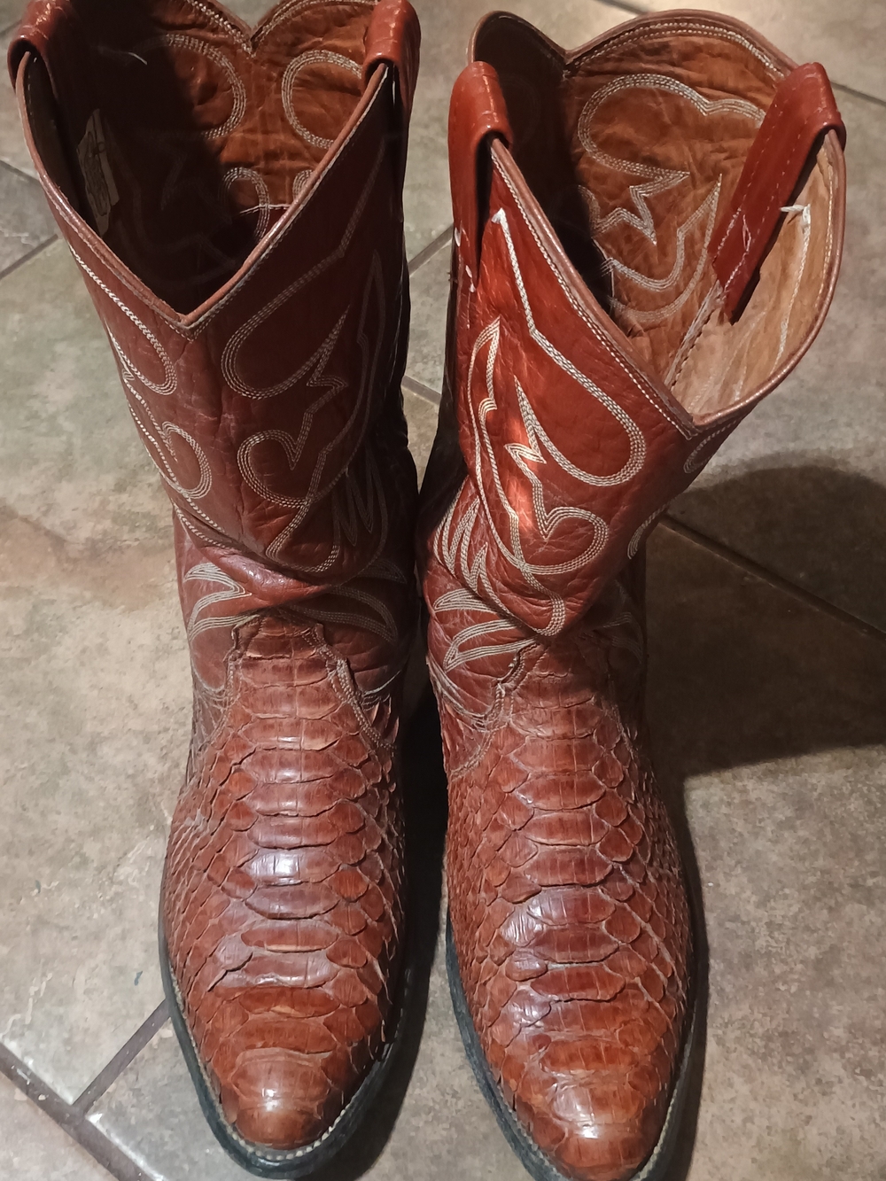 Vintage Nocona 9053 Brown Boa Snakeskin Cowboy Boots 12D Texas Heel Medallion